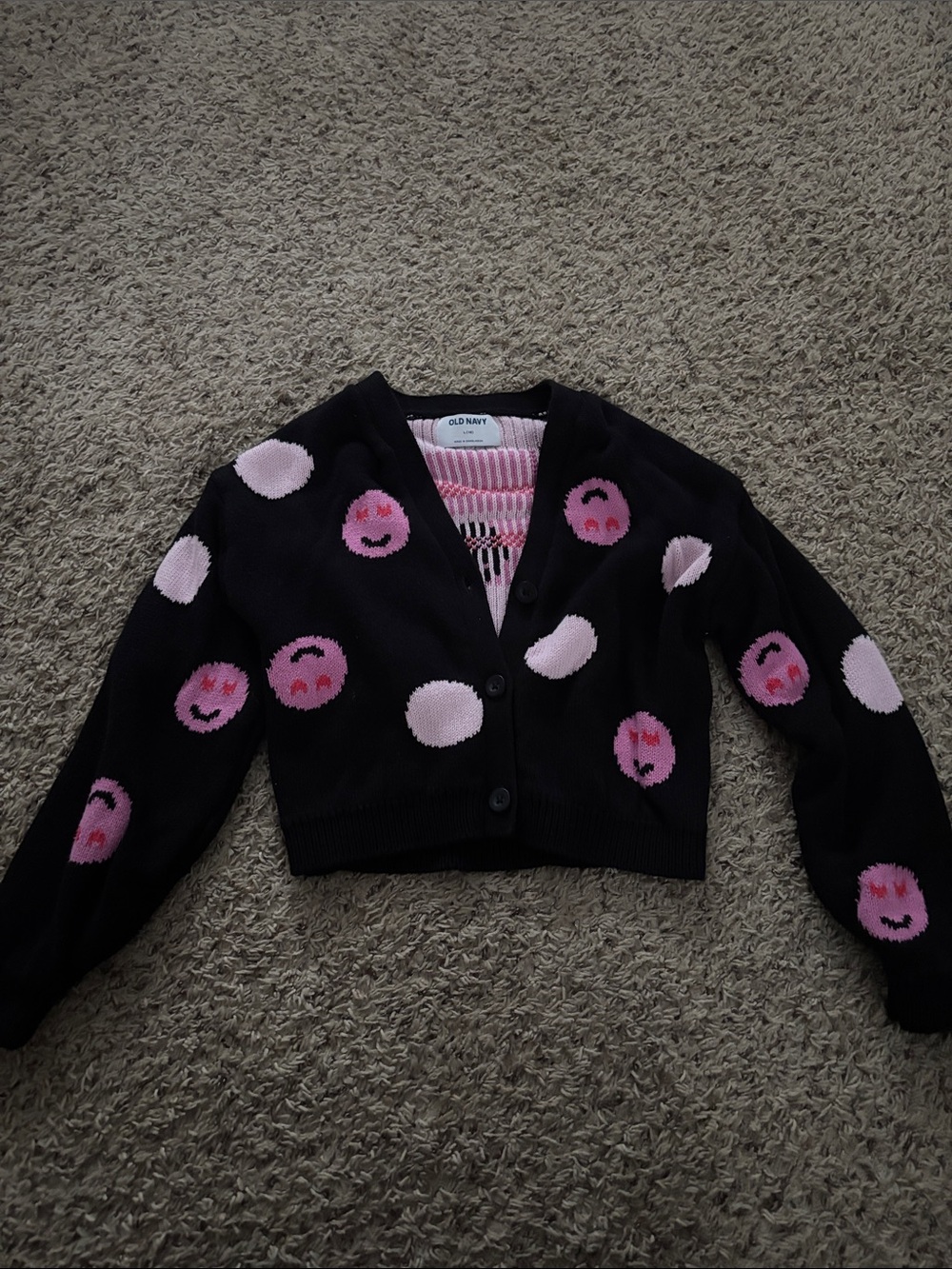 Old Navy Black Cropped Cardigan with Pink Smiley Dot Pattern size L (10)